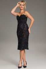 Model wearing Jovani 40156 black lace dress from the front view