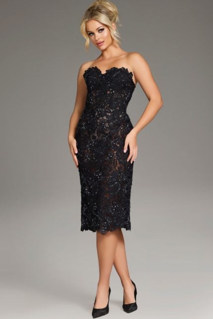 Model wearing Jovani 40156 black lace dress from the front view