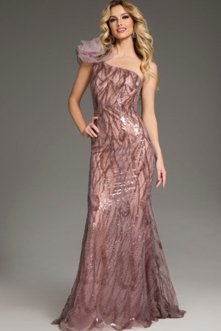 Model wearing Jovani 40167, front view with a one-shoulder brown gown showcasing sequins and shoulder ruffle.