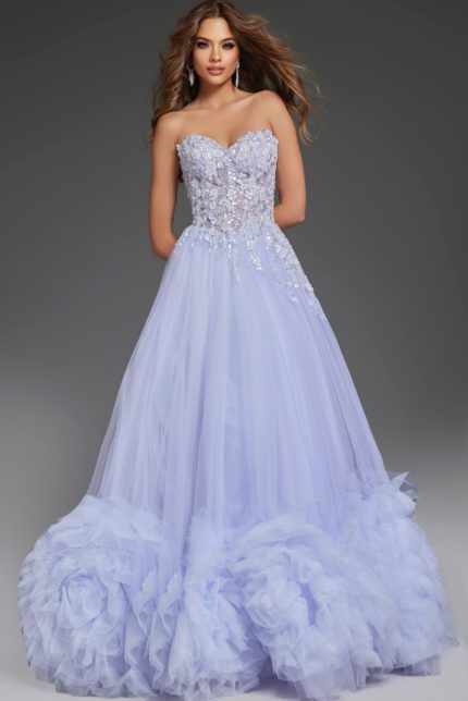 Model wearing Jovani 40170 blue ballgown with sweetheart neckline and floral embellishments, front view.