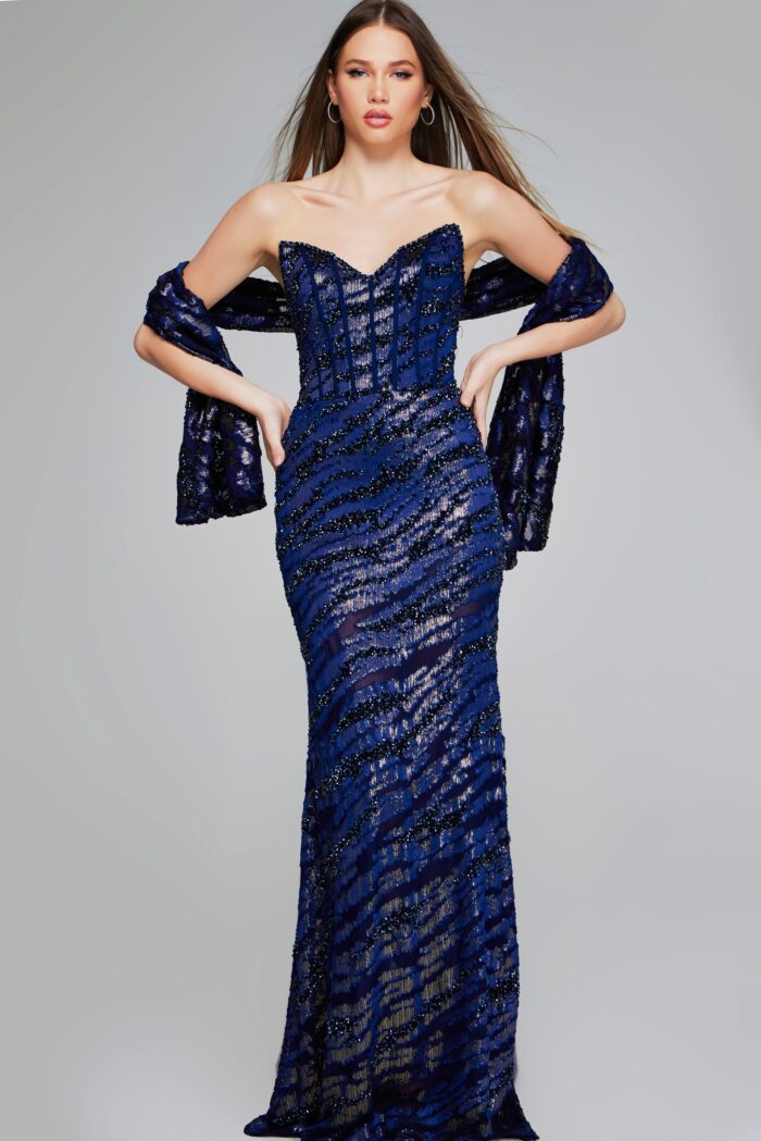 Model wearing Navy Strapless Beaded Gown with Sheer Detailing 40181