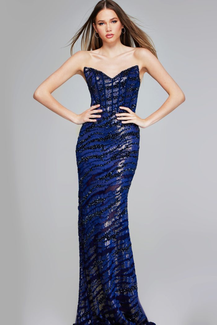 Navy Strapless Beaded Gown with Sheer Detailing 40181