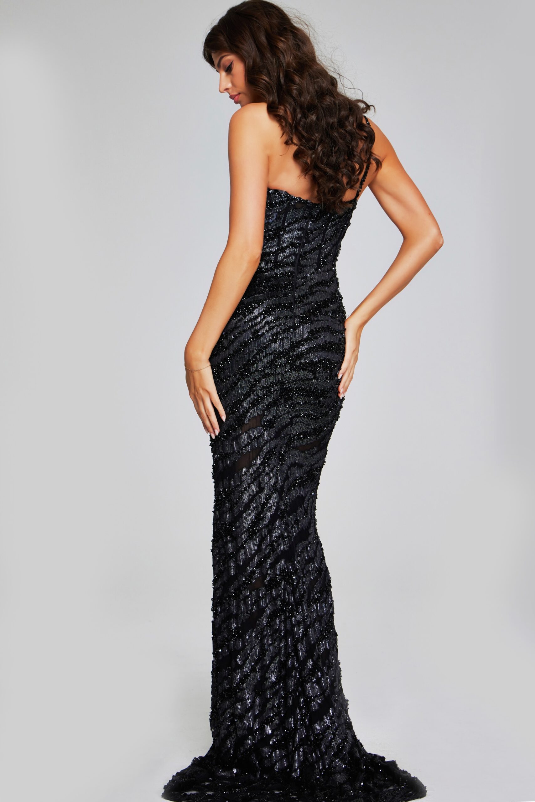 Black One-Shoulder Beaded Gown with Sheer Detailing 40182