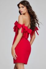 Back view of model wearing Jovani 40185 red dress with off-the-shoulder design.