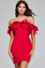 Model wearing Jovani 40185 red off-the-shoulder dress with bow details.