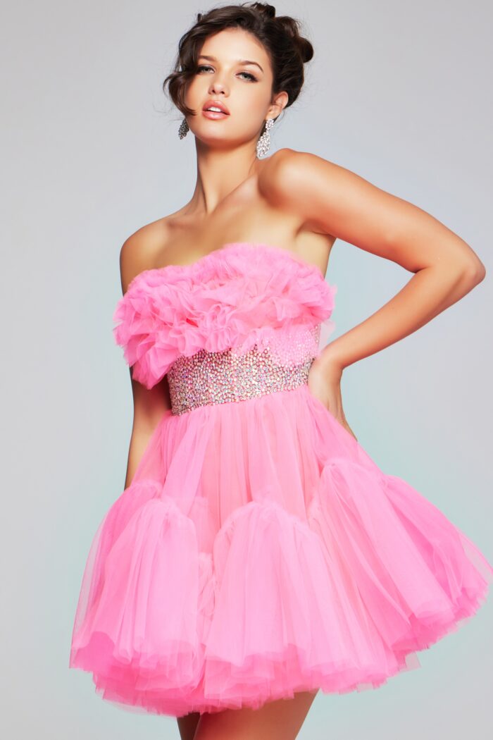 Model wearing Strapless Pink Fit and Flare Short Dress 40186