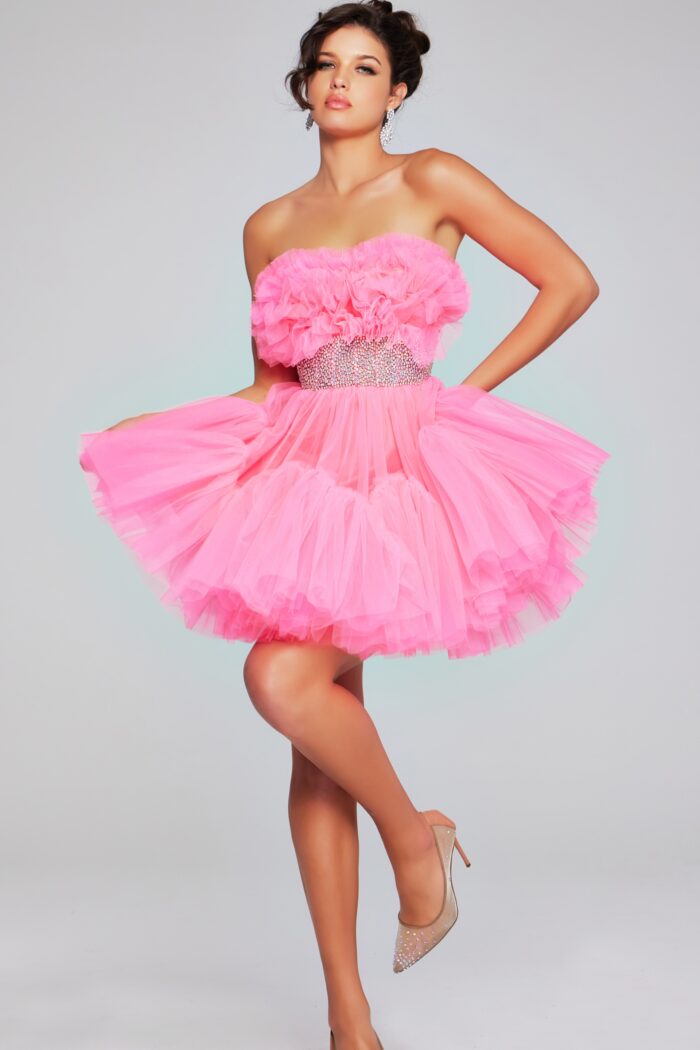 Model wearing Strapless Pink Fit and Flare Short Dress 40186