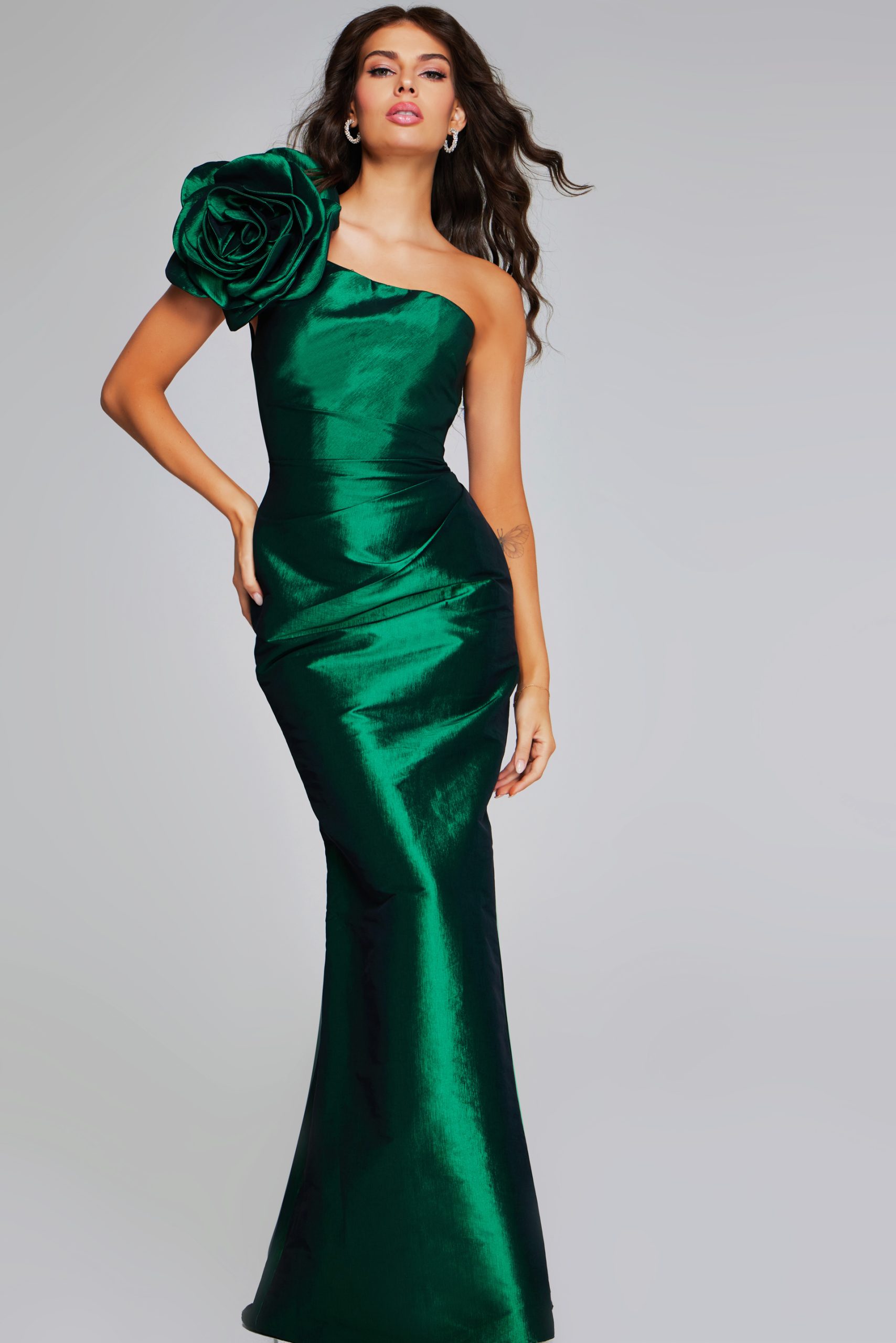 Green One-Shoulder Gown with Large Floral Accent 40206
