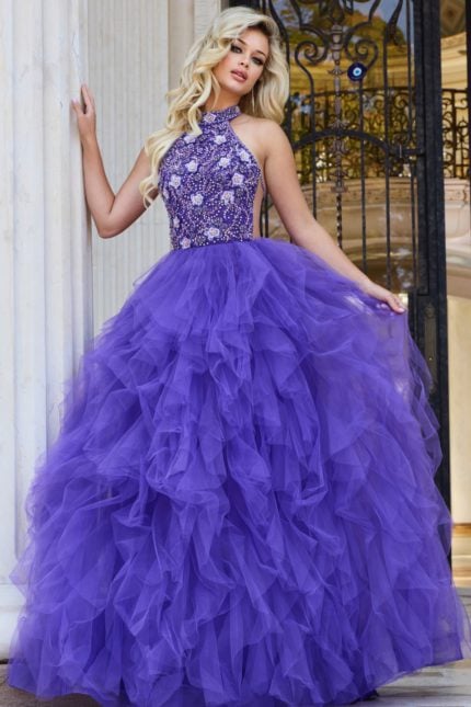 Model posing in Jovani 40218 lilac dress showcasing beaded bodice.