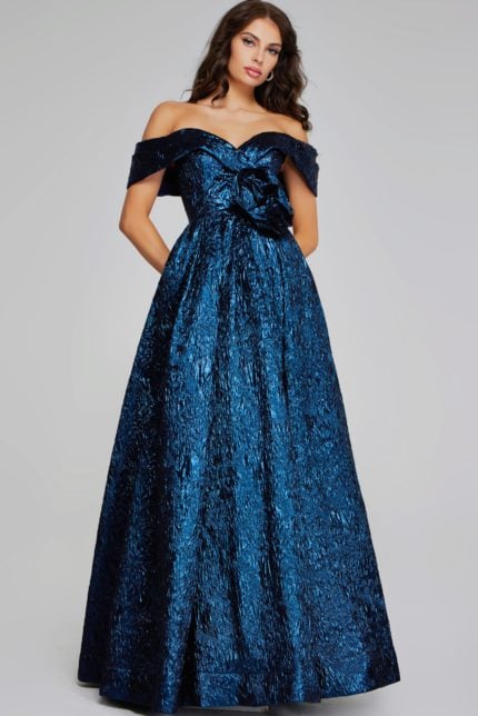 Model wearing Jovani 40288 navy ball gown, front view.