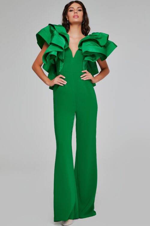 Model wearing Green Ruffle Sleeve Jumpsuit 40291