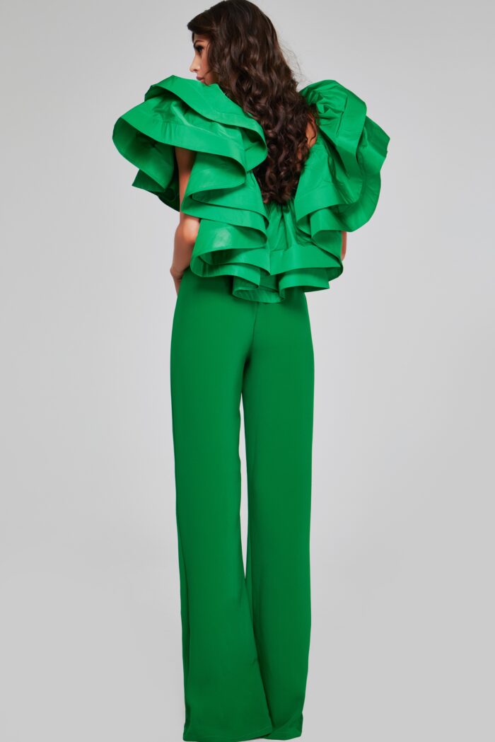 Model wearing Green Ruffle Sleeve Jumpsuit 40291