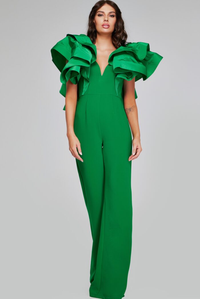 Model wearing Green Ruffle Sleeve Jumpsuit 40291