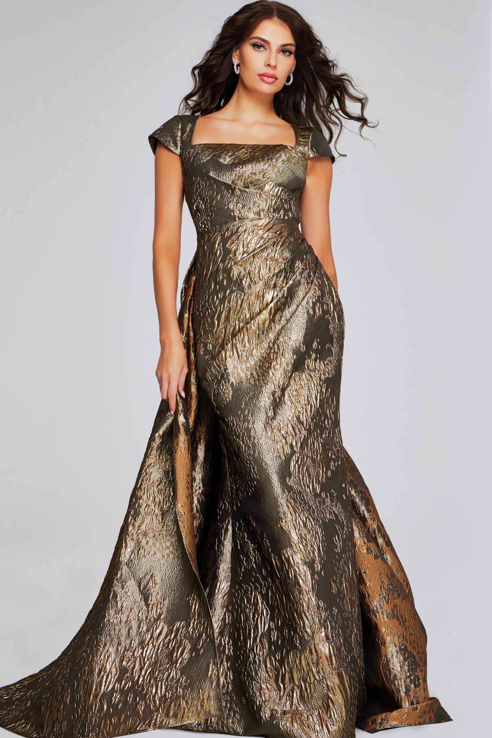 Model wearing Gold Textured Cap-Sleeve Gown with Square Neckline 40295