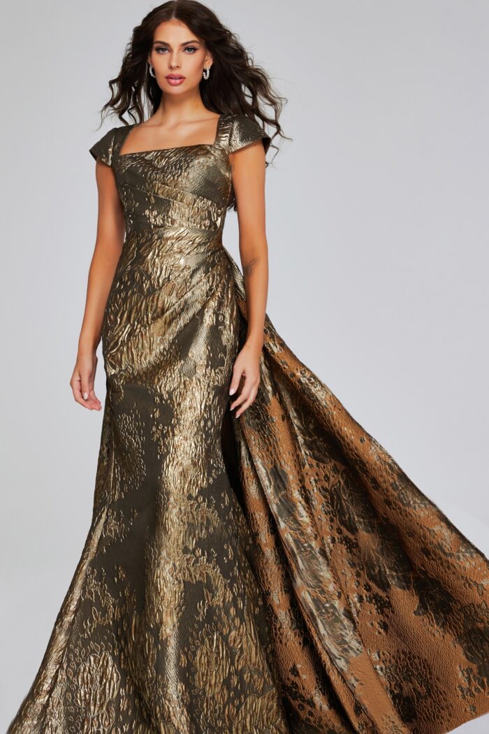 Model wearing Gold Textured Cap-Sleeve Gown with Square Neckline 40295