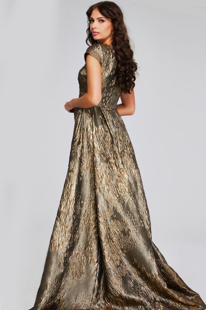 Model wearing Gold Textured Cap-Sleeve Gown with Square Neckline 40295