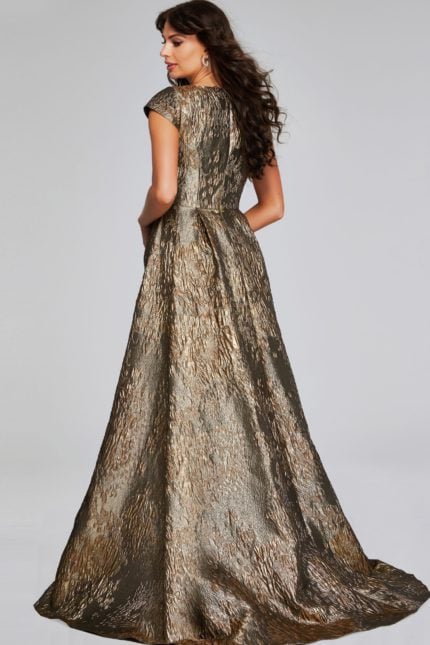 Model wearing Jovani 40295 in metallic green, back view showing A-line silhouette and cap sleeves.