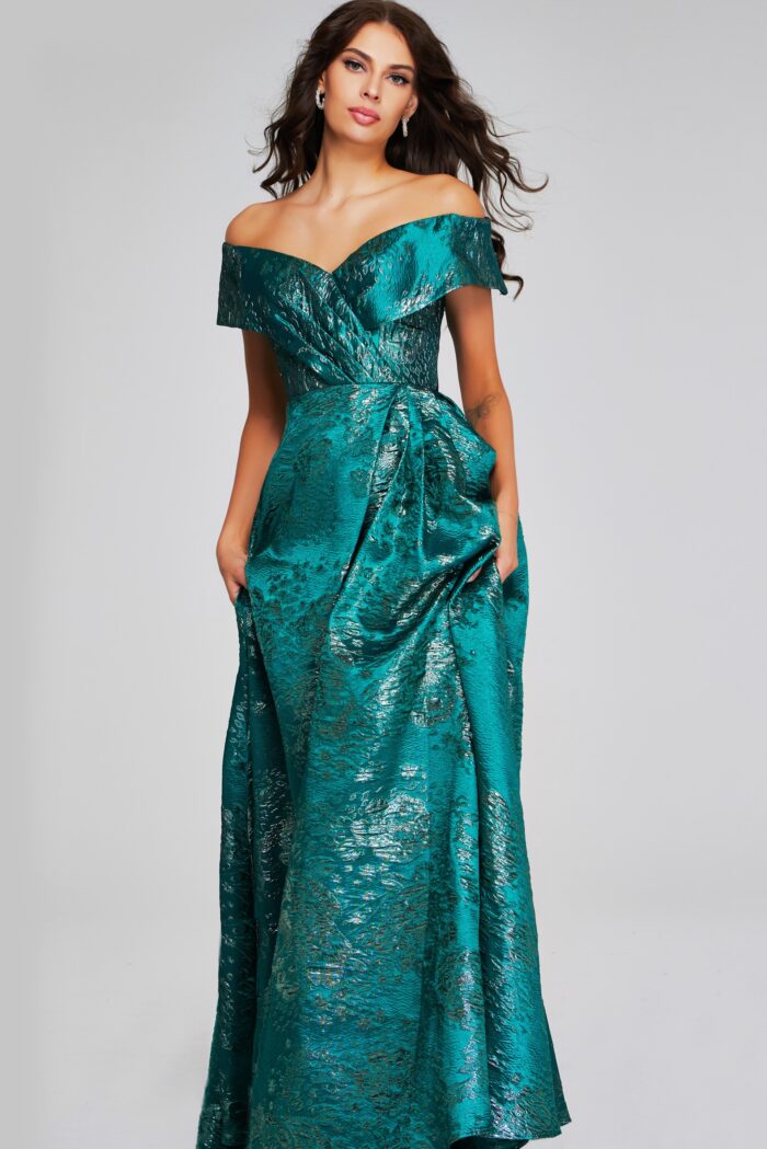 Model wearing 40296 Green Off-Shoulder Gown with Textured Fabric
