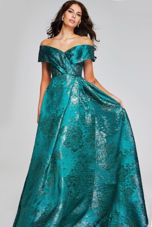 Model wearing 40296 Green Off-Shoulder Gown with Textured Fabric