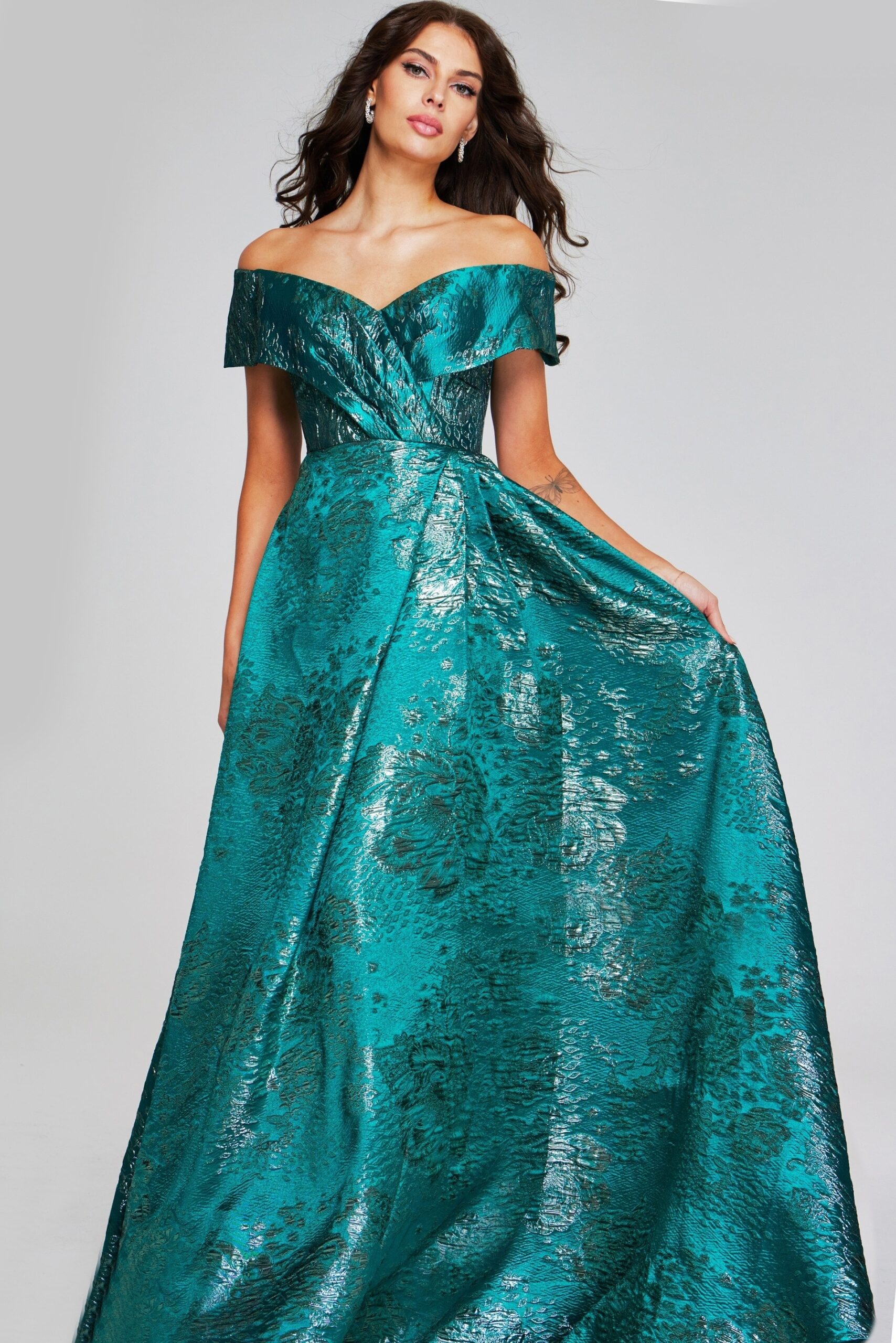 40296 Green Off-Shoulder Gown with Textured Fabric