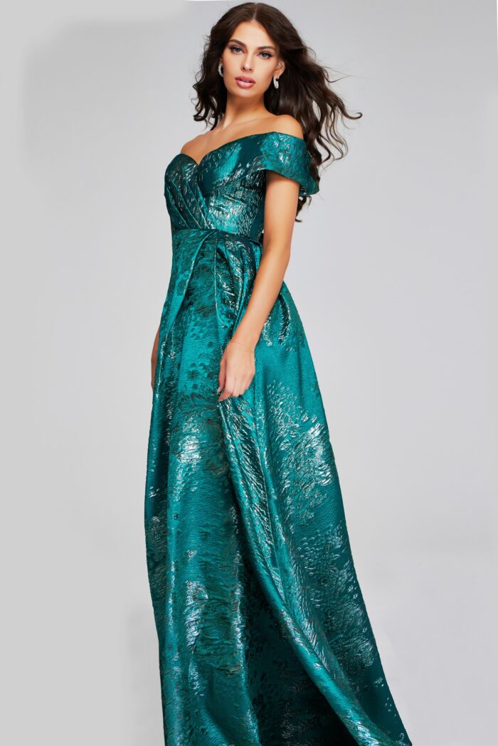 Model wearing 40296 Green Off-Shoulder Gown with Textured Fabric