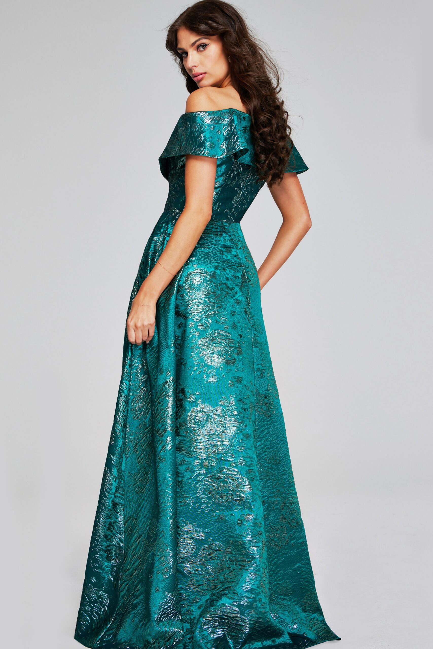 40296 Green Off-Shoulder Gown with Textured Fabric