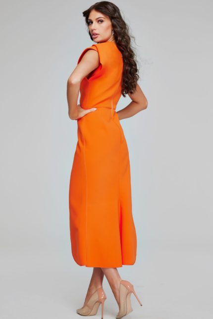 Model in Jovani 40300 orange dress, back view showcasing the elegant silhouette.