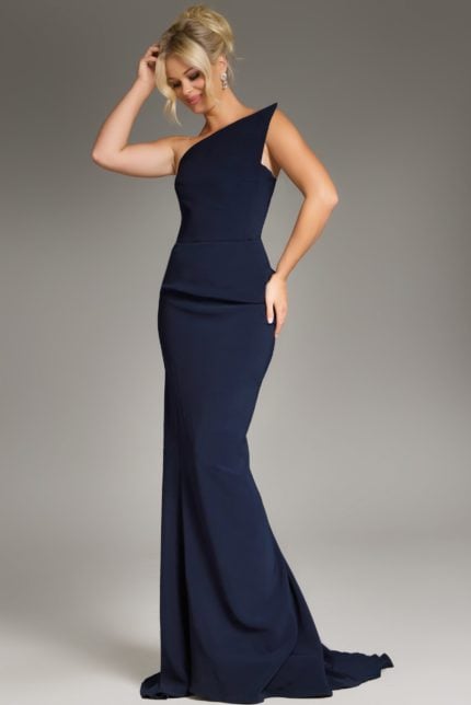 Model wearing Jovani 40301 navy one-shoulder evening gown, front view.