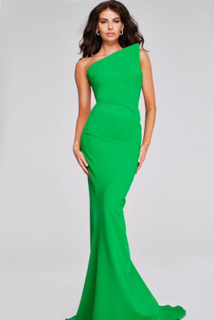 Model wearing Jovani 40301 green gown with one-shoulder neckline, front view.