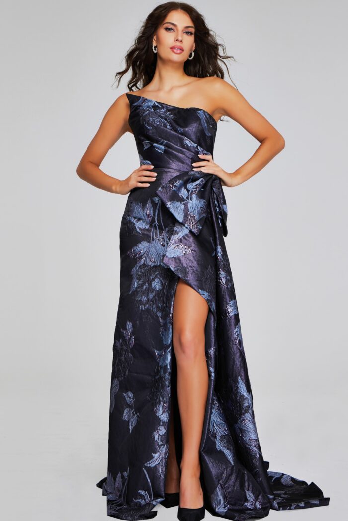 Model wearing Floral Jacquard One Shoulder High Slit Gown 40308