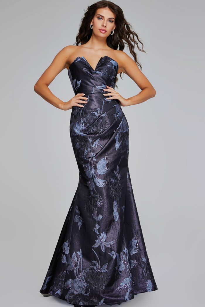 Model wearing Elegant Grey Multi-Floral Gown with Asymmetrical Detailing 40309