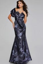 Model wearing Jovani 40309 elegant mermaid gray gown from front view, showcasing strapless sweetheart neckline and floral detailing.