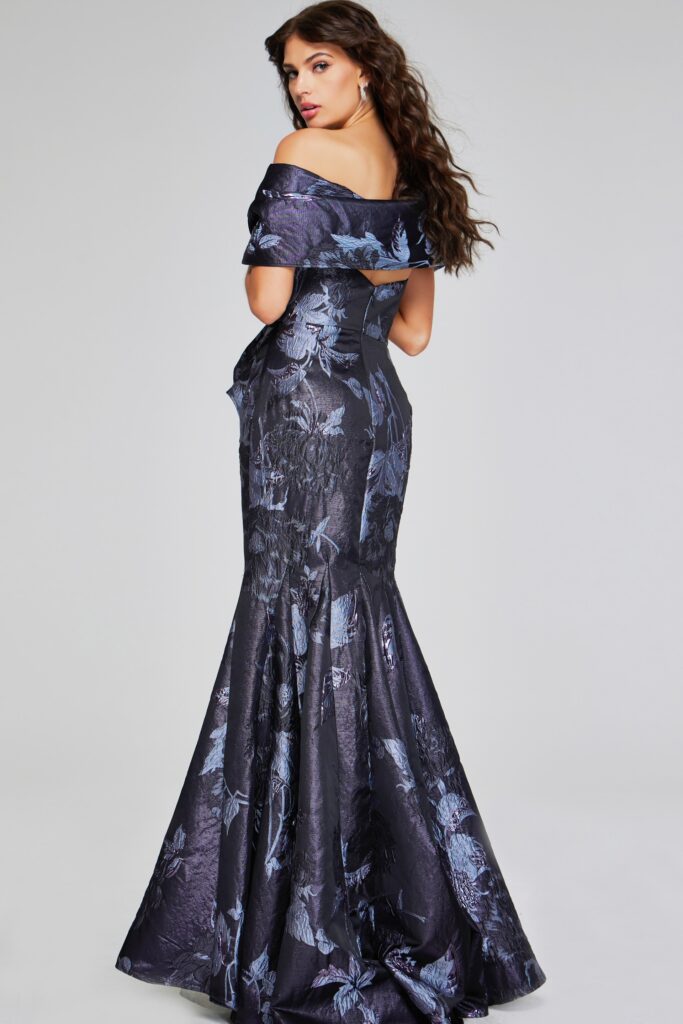 Elegant Grey Multi-Floral Gown with Asymmetrical Detailing 40309