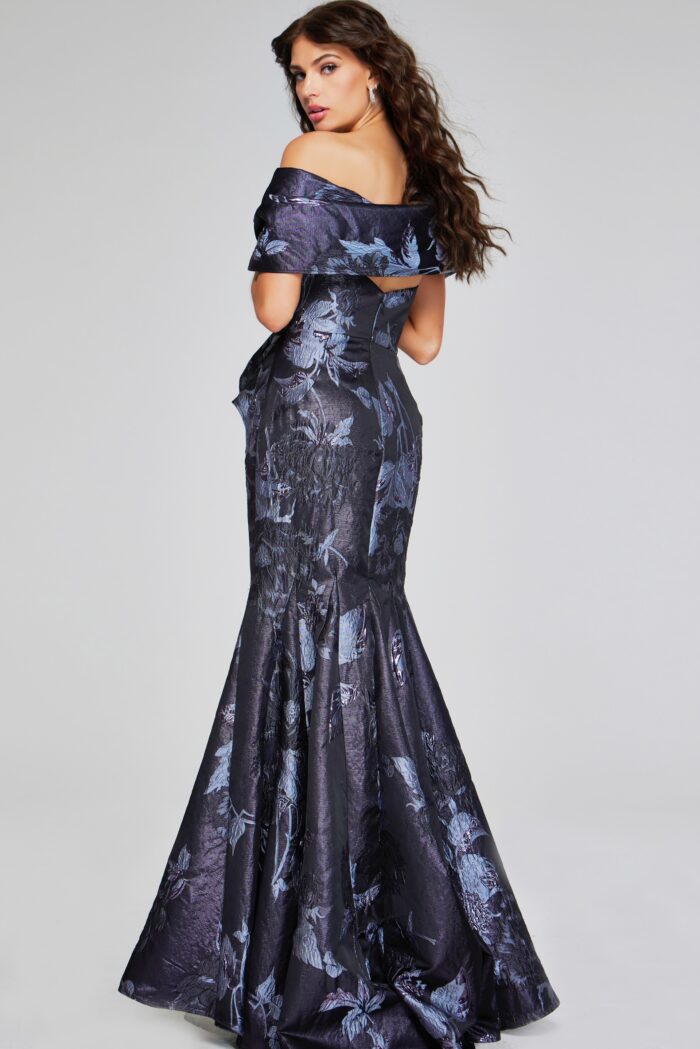 Model wearing Elegant Grey Multi-Floral Gown with Asymmetrical Detailing 40309