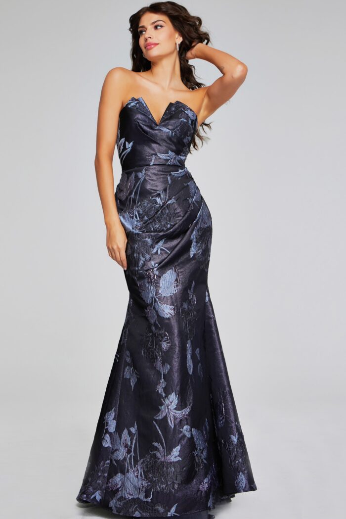 Model wearing Elegant Grey Multi-Floral Gown with Asymmetrical Detailing 40309