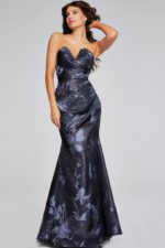 Model in Jovani 40309 dress from front, highlighting elegant drapery and sweeping mermaid skirt.