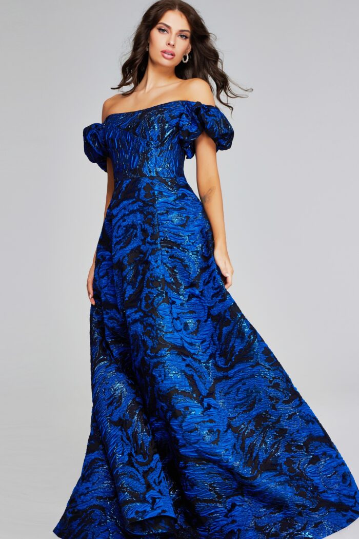 Model wearing Striking Royal Blue and Black Off-Shoulder Gown with Puff Sleeves 40315