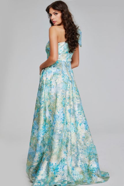 Back view of model in Jovani 40317 mint multi dress with textured fabric.