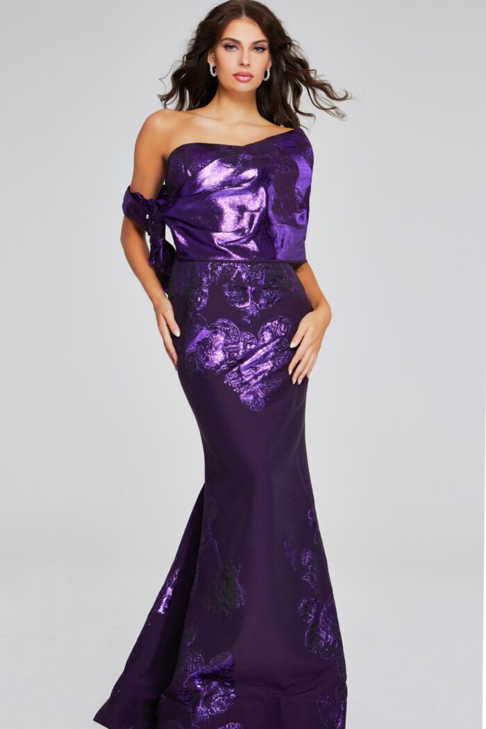 Model wearing Elegant Purple Strapless Gown with Shimmering Floral Pattern 40318