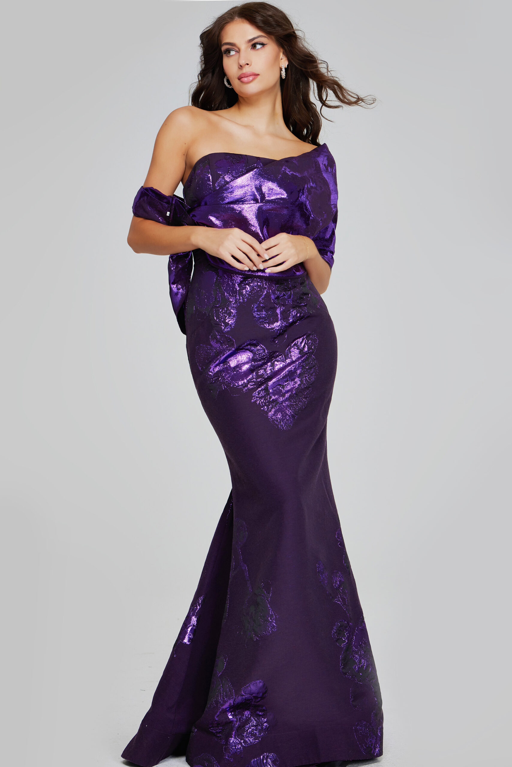 Model wearing Elegant Purple Strapless Gown with Shimmering Floral Pattern 40318
