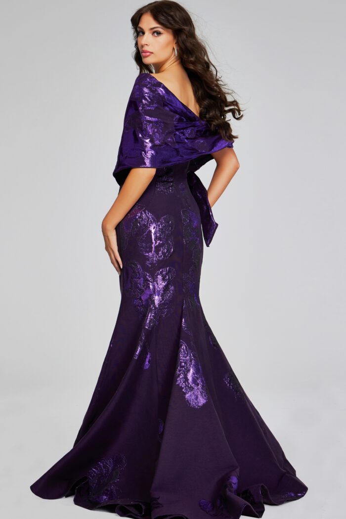 Model wearing Elegant Purple Strapless Gown with Shimmering Floral Pattern 40318