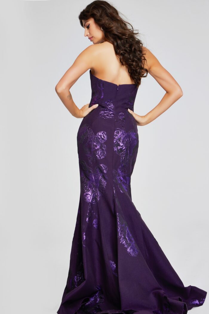 Model wearing Elegant Purple Strapless Gown with Shimmering Floral Pattern 40318