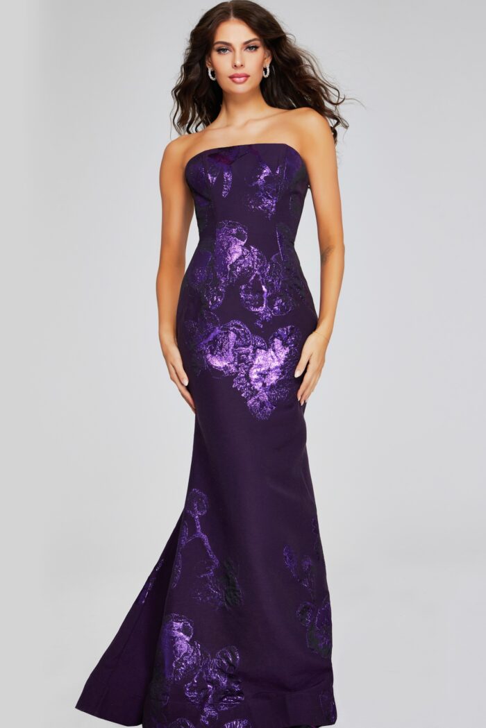 Model wearing Elegant Purple Strapless Gown with Shimmering Floral Pattern 40318