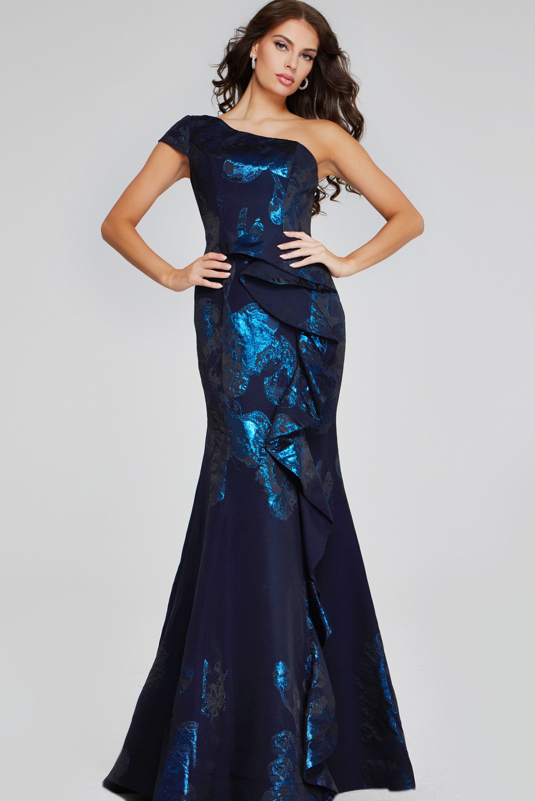 Elegant Navy One-Shoulder Gown with Metallic Accents 40320