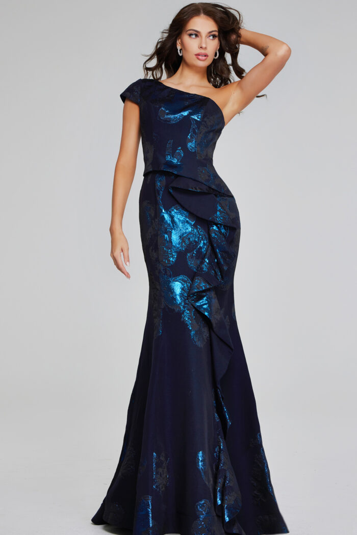 Model wearing Elegant Navy One-Shoulder Gown with Metallic Accents 40320