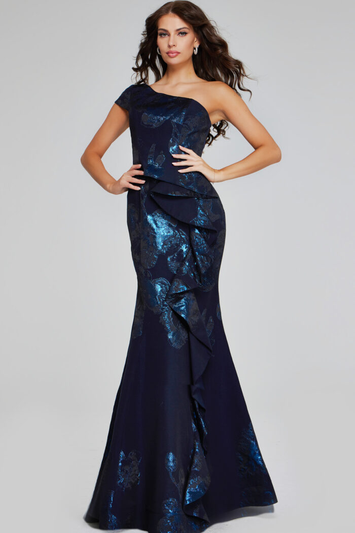 Model wearing Elegant Navy One-Shoulder Gown with Metallic Accents 40320