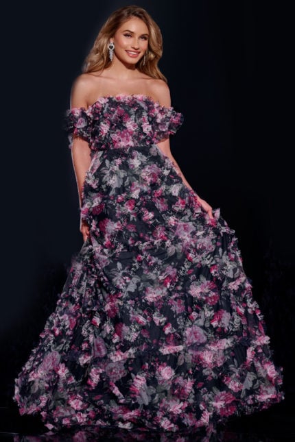 Model wearing Jovani 40331 navy floral A-line gown from the front