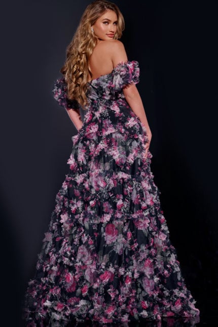 Model showing the back of Jovani 40331 navy floral A-line gown