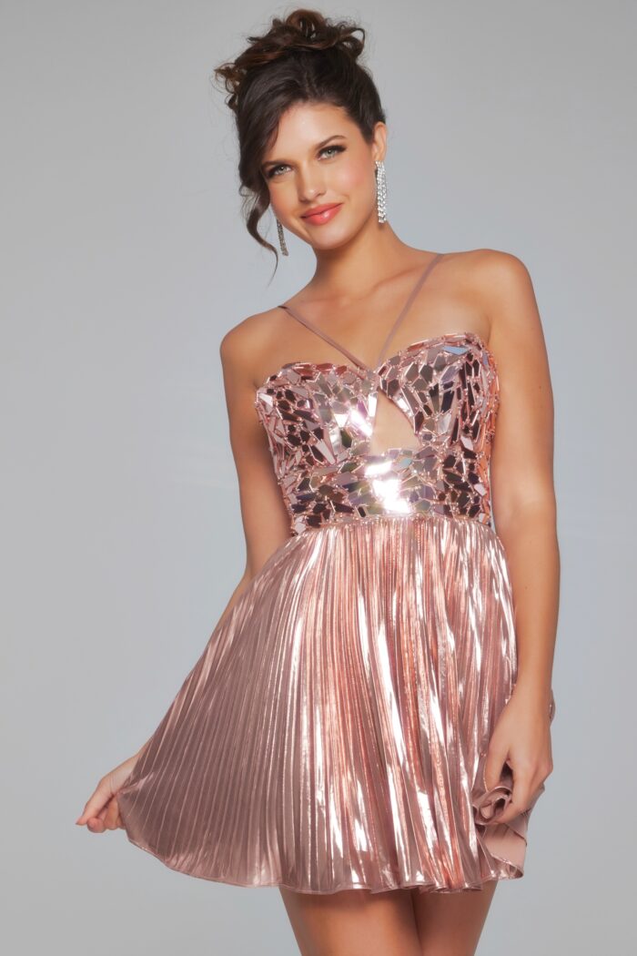 Model wearing Embellished Halter Neckline Pleated Dress 40351