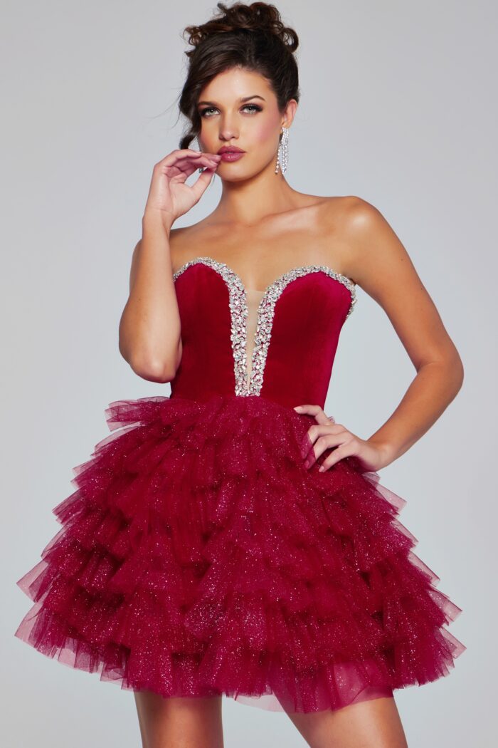 Model wearing Velvet Embellished Short Dress 40352